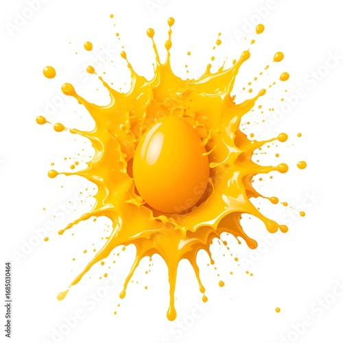 High-speed splash of raw egg with intact yolk and radial white spread on white background