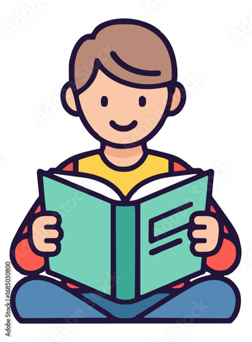 A cute little boy with brown hair sits cross legged while happily reading a fascinating storybook for his school homework and education