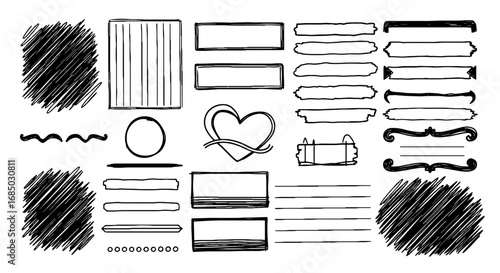 Doodle frame sketch scribble hand drawn vector design element graphic border bullet journal handmade pencil pen marker banner heart line shape set