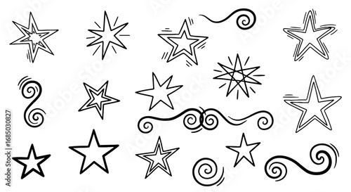 Star doodle sketch scribble hand drawn handmade pencil pen marker set vector graphic design illustration art swirl curly line outline shape