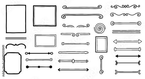 Ornamental border line frame sketch scribble set vector graphic design illustration art dividers separators