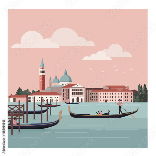 Venetian Gondolas at Sunset A Flat Art Illustration