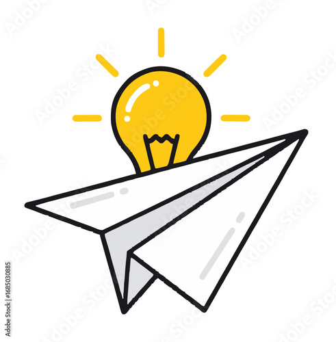 A brilliant creative idea represented by a lightbulb takes flight on a paper airplane, symbolizing innovation and a successful startup launch