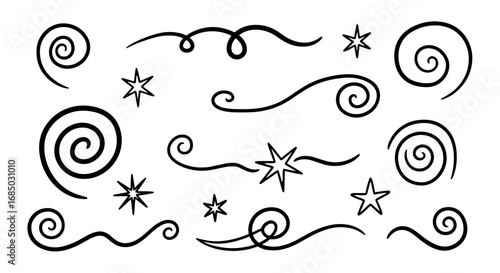 Swirls stars doodle hand drawn graphic design line art vector illustration swirls stars curls curves decoration sketch element set
