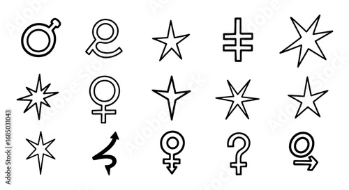 Symbols star gender arrow line art vector graphic design illustration set. Outline sign female male question starburst