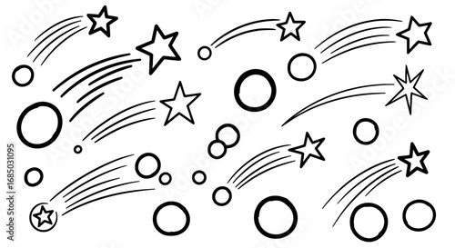 Stars comets doodle vector graphic design illustration art sky space celestial bodies cosmic astronomy shooting decorative set