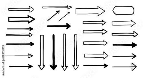 Arrow icon set design hand drawn marker black line pointing directional vector graphic art illustration outline shape element