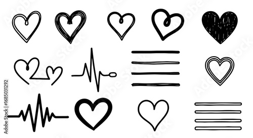 Heart doodle sketch vector graphic design illustration art love health line set handmade heartbeat pulse
