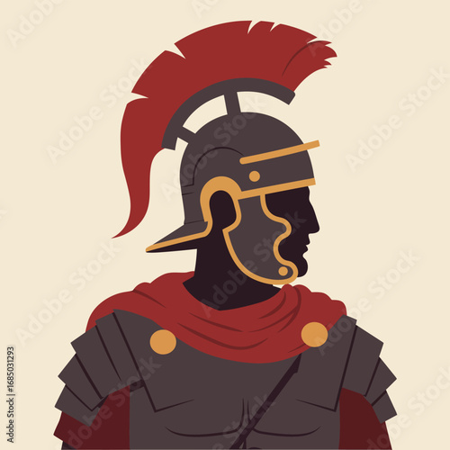 Flat design illustration of a Roman soldier profile, featuring a classic plumed helmet and traditional armor, symbolizing historical military power and iconic strength