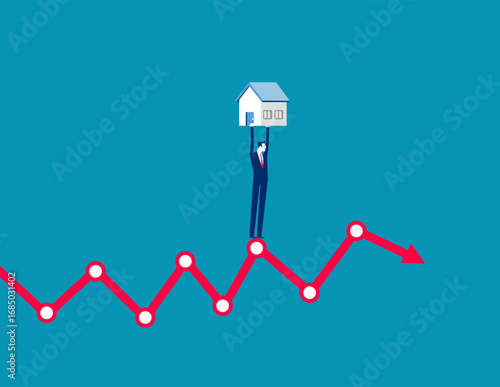 Mortgages. Businessman carrying a house on graph