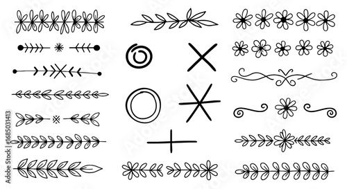 Doodle decorative floral divider line element vector graphic design illustration art symbol circle cross plus sign flower leaves hand drawn handmade pen