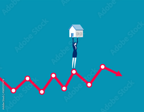 Mortgages. Businessman carrying a house on graph