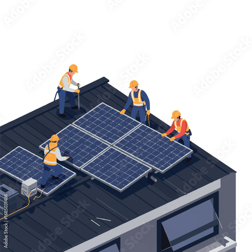 Workers are efficiently installing modern solar panels on a sleek rooftop, presented as a vibrant 2D flat vector illustration with clean lines and solid colors.