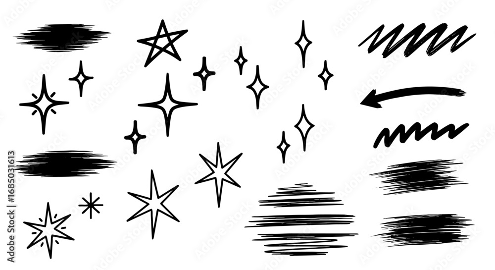 Naklejka premium Hand drawn star sparkle vector sketch art decorative graphic design doodle illustration set element arrow scribble