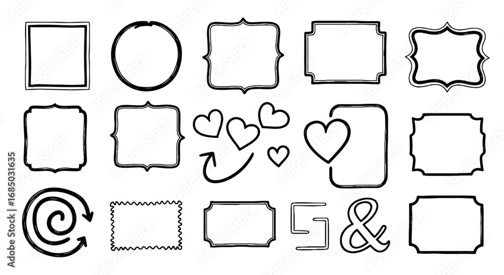 Obraz premium Doodle frames sketch scribble hand drawn pencil pen marker set vector graphic design illustration art heart swirl shapes arrows