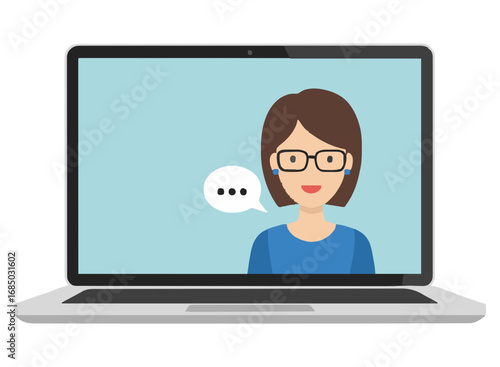 A smiling female professional with glasses hosts an engaging webinar or provides virtual assistance during an online video conference meeting