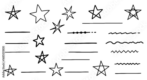 Star doodles line set vector graphic design illustration art sketch scribble pen marker handmade journal infographic design separator bullet