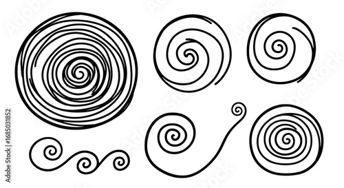 Spiral swirl circular doodle hand drawn graphic vector line art design element set circle curly shape decoration