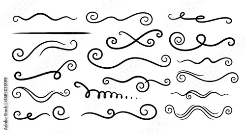 Swirls, flourish lines, decorative vector graphic design element set, black and white, ornamental borders divider, curly frame