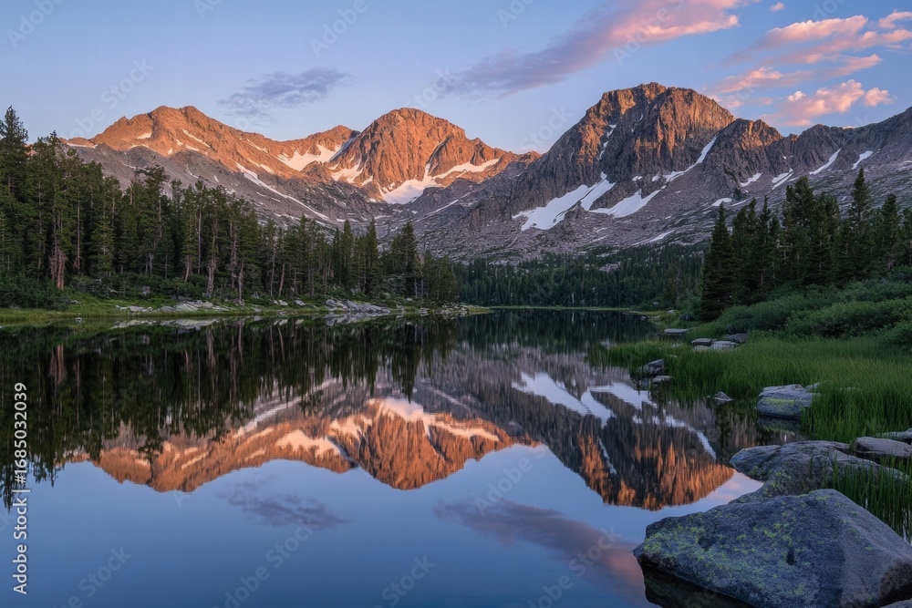 Obraz premium Golden mountain sunrise over lake