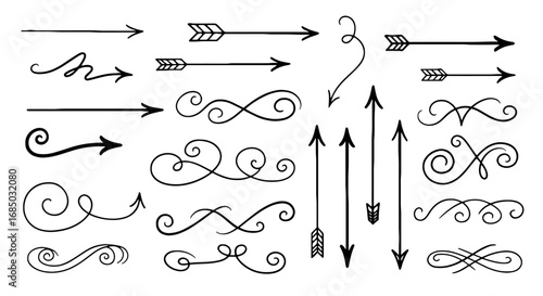 Arrow flourish decorative doodle element sketch line vector graphic design handmade illustration art set