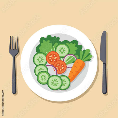 Vibrant and healthy fresh salad illustration featuring crisp vegetables on a white plate with elegant cutlery, symbolizing balanced diet and wholesome nutrition