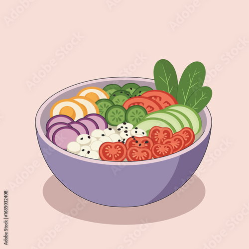 Vibrant and Delicious Healthy Bowl Illustration A Flat Art Design Featuring Fresh Vegetables, Protein, and Cheese, Perfect for Promoting Clean Eating and Balanced Nutrition