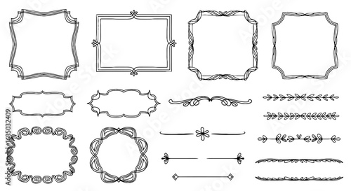 Frames borders line flourish vector graphic design illustration art ornament rectangle square circle divider decoration vintage set