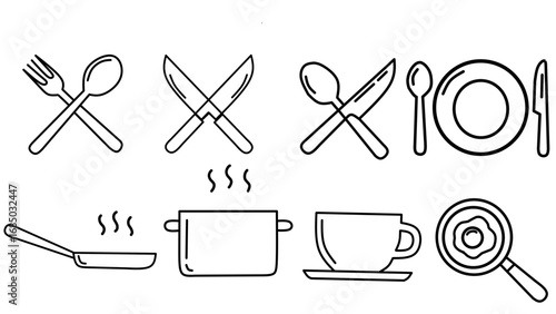 Cooking related line icon set. Pot, pan and kitchen utensils linear icons  collection.