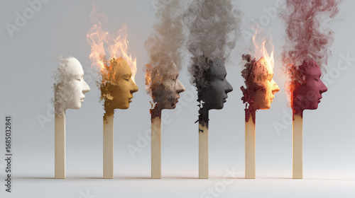 Stages of burnout shown with burning match head silhouettes
