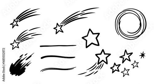 Star doodle set sketch drawing illustration graphic design meteor comet burst line handmade black and white art