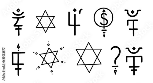Mystical alchemy symbols star hexagram question mark esoteric vector graphic design illustration set