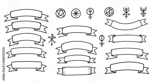 Hand drawn ribbon banners occult symbols vector graphic design illustration art banner decoration emblem drawing doodle element witchcraft.