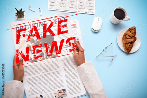 Woman reading newspaper at ...