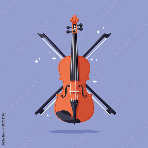 Flat design vector illustration of a classical violin with crossed bows. Orchestral string musical instrument icon isolated for music concept