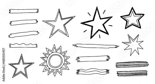 Stars sunbursts tape doodle line art vector design graphic set illustration outline shape