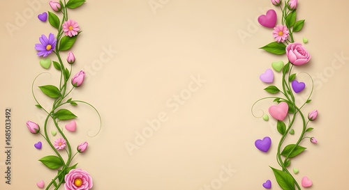 Whimsical Floral and Heart Swirls Border on Cream Background floral border hearts