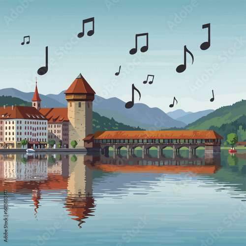 Flat art vector illustration of a tranquil European lakeside city featuring a covered wooden bridge, water tower, and floating musical notes