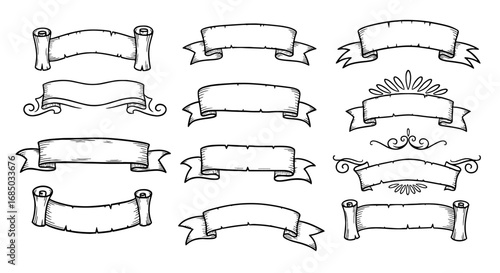 Ribbon banner set sketch vector graphic design art decoration label vintage scroll paper frame element decorative ornament