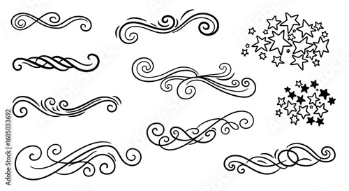 Swirls stars graphic design vector illustration art ornaments divider border decoration element vintage flourish elegant decorative