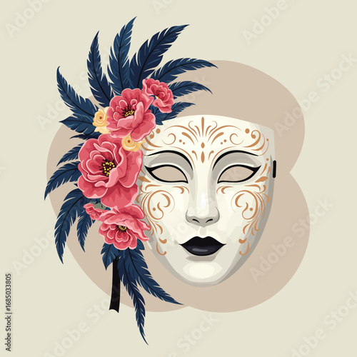 Elegantly designed masquerade mask featuring intricate gold details, vivid pink roses, and deep blue feathers, perfect for themes of mystery, celebration, and artistic flair