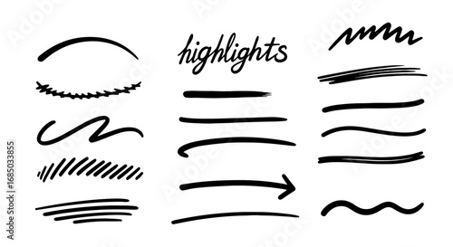 Highlights lines underline doodle sketch vector graphic design art set marker pen handwriting arrow scribble curve wavy dashed element