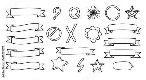 Doodle ribbons asterisk star speech bubble question hand drawn vector design illustration graphic art set