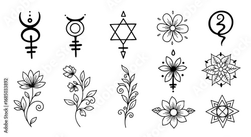 Symbols floral botanical mystic esoteric flower line art vector graphic design illustration icon tattoo element spiritual minimalist astrology decoration