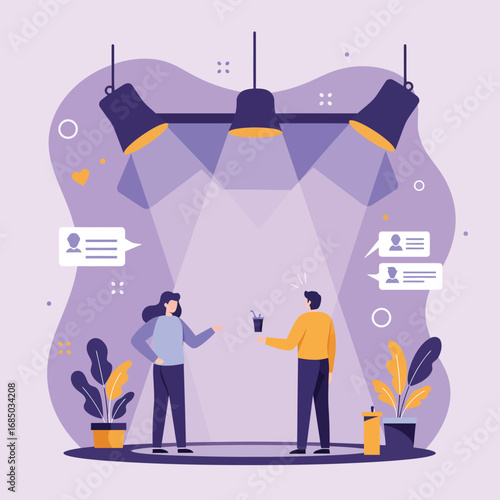 Modern flat vector illustration of a man and woman meeting under stage lights, symbolizing communication and social interaction