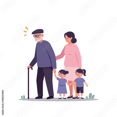 Elderly grandfather with a walking cane being supported by his caring daughter and two young granddaughters. A concept of family love and senior healthcare