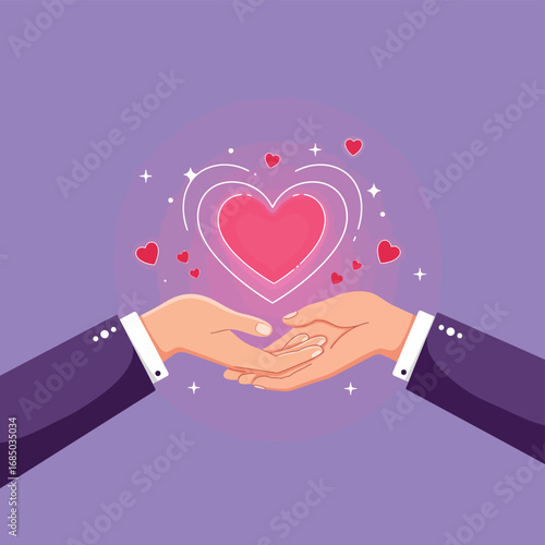 Two hands gently holding a glowing heart symbol, representing love, care, and compassion on a purple background