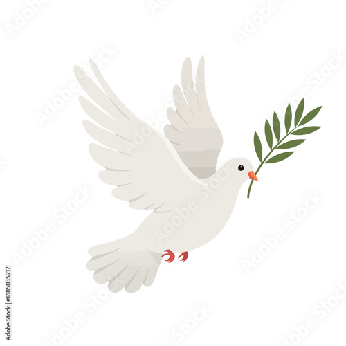Stylized white dove illustration gracefully soaring with an olive branch in its beak, symbolizing peace, hope, and freedom in a clean flat art style