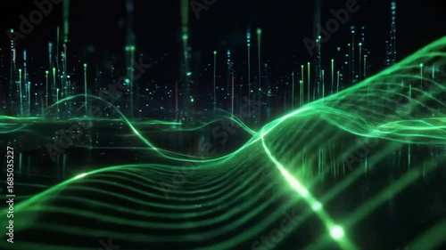 A futuristic and abstract digital representation. Waves of neon green light weave into dynamic patterns along the horizontal plane.