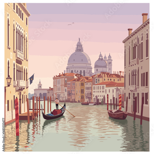 Venice Canal Gondola Illustration Romantic Travel Scene